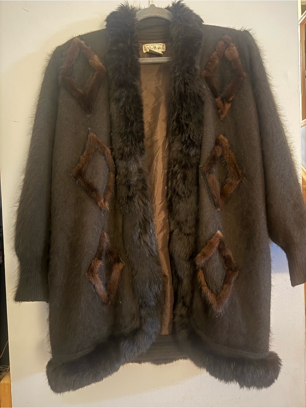 Vintage 1980s Lady Monica Long Sweater Jacket Angora Blend Fur Trim Very Good